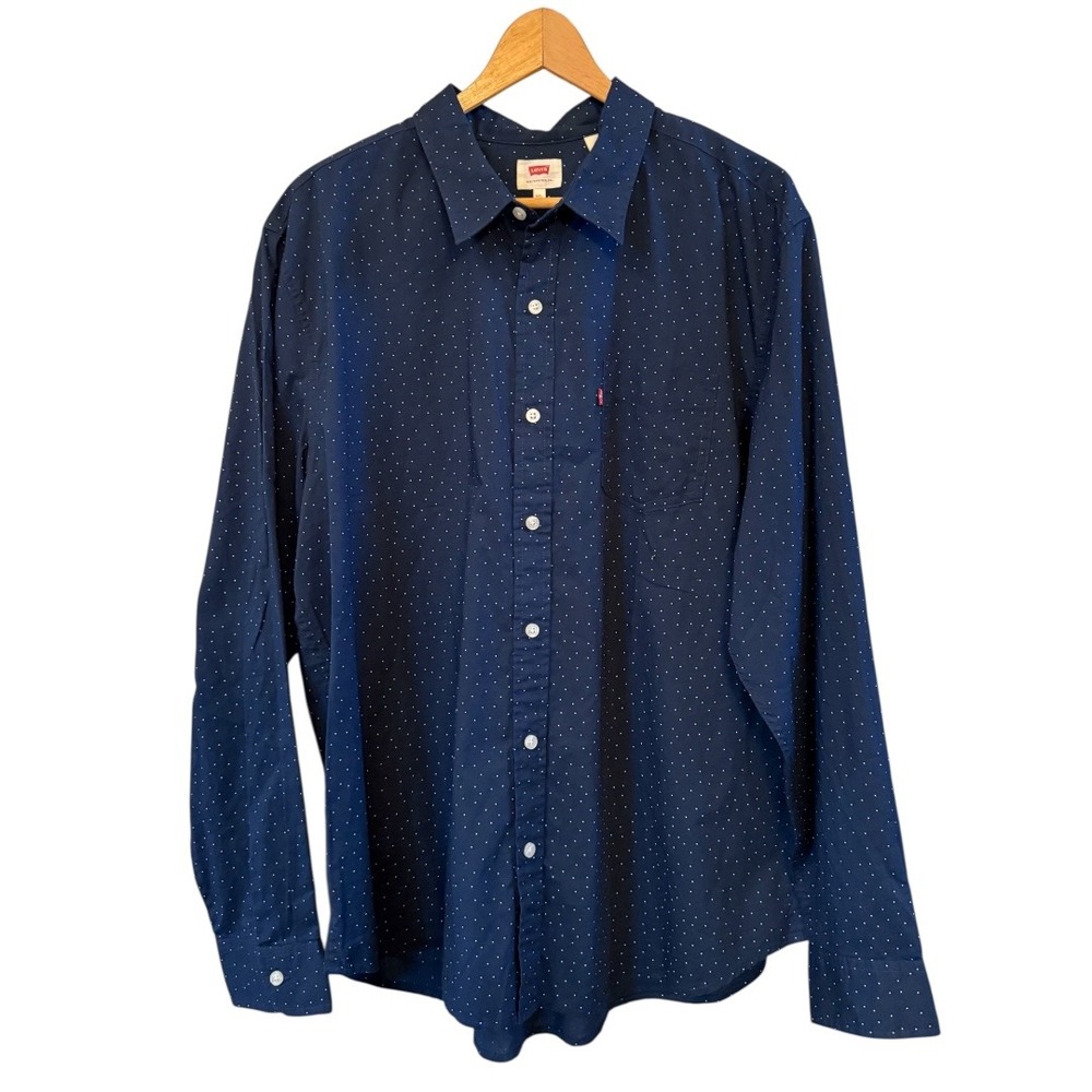 Men's Levi's Navy Blue White Polkadot 2XL 
Cotton One Pocket Button Down‎ Shirt